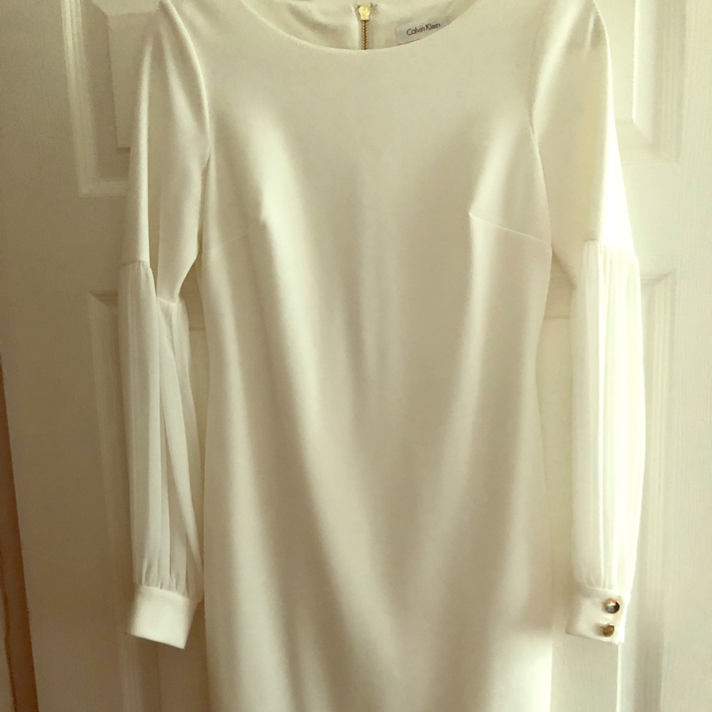CALVIN KLEIN WHITE DRESS WITH SHEER BELL SLEEVE